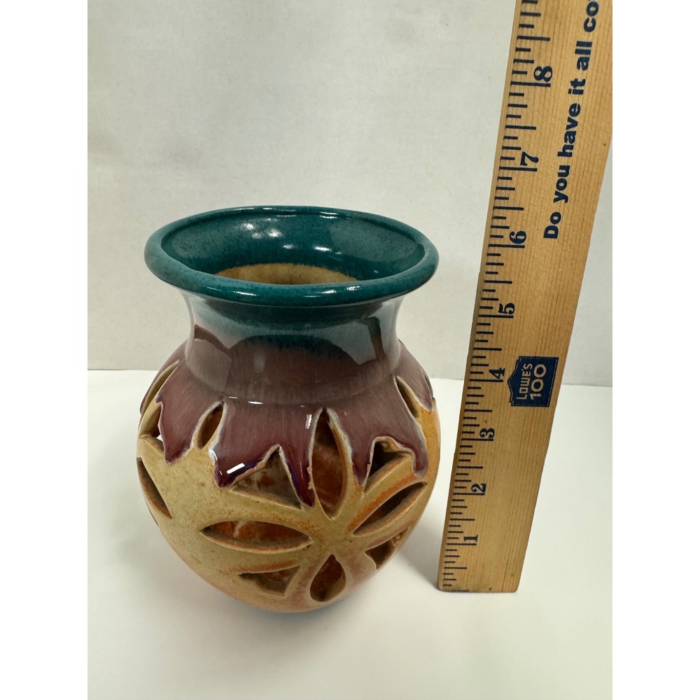 Vintage 1993 RAD Studio Pottery Drip Glaze Cutout Vase Teal Burgundy Orange 5" - Picture 3 of 7